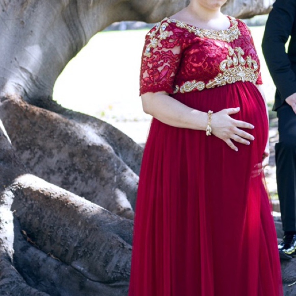 Red gown with gold embellishments